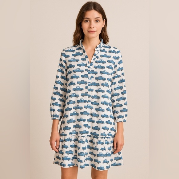 Le Bazar Coastal NWOT VTG Antique Automobile Car Print Cotton Ruffle Dress - Picture 1 of 7